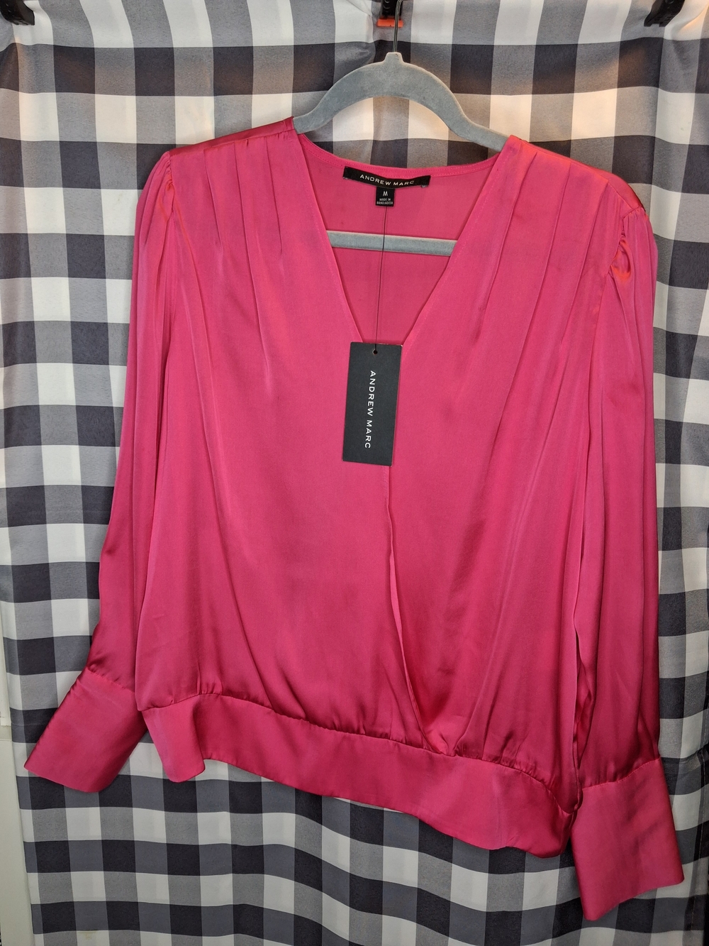 Andrew Marc Hot Pink Satin V-Neck Long-Sleeve Blouse